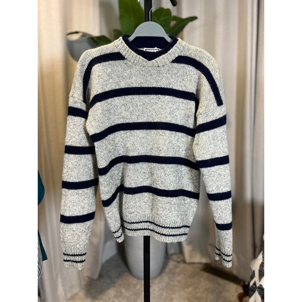 Vintage Lazarus Wool Blend Striped Sweater Mens Medium Grey Navy Chunky Knit